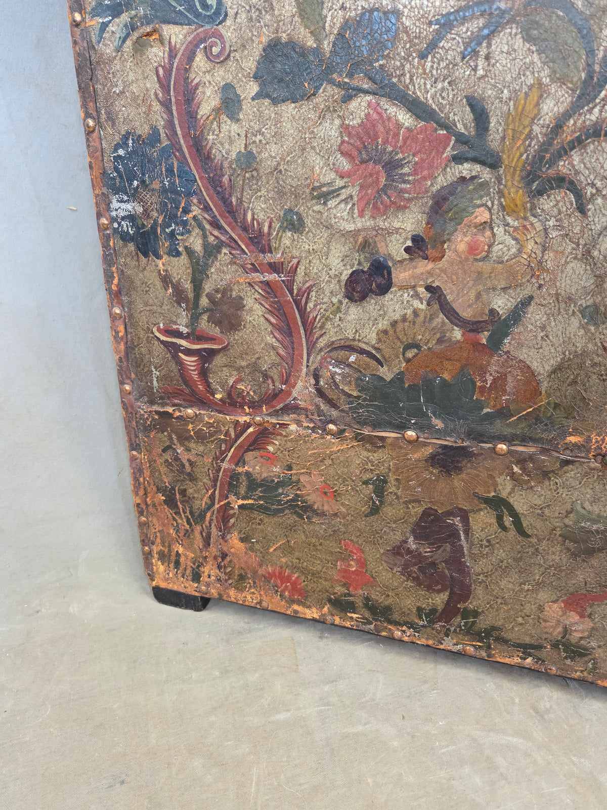 Antique 19th century Peruvian Colonial Painted Leather Folding Screen