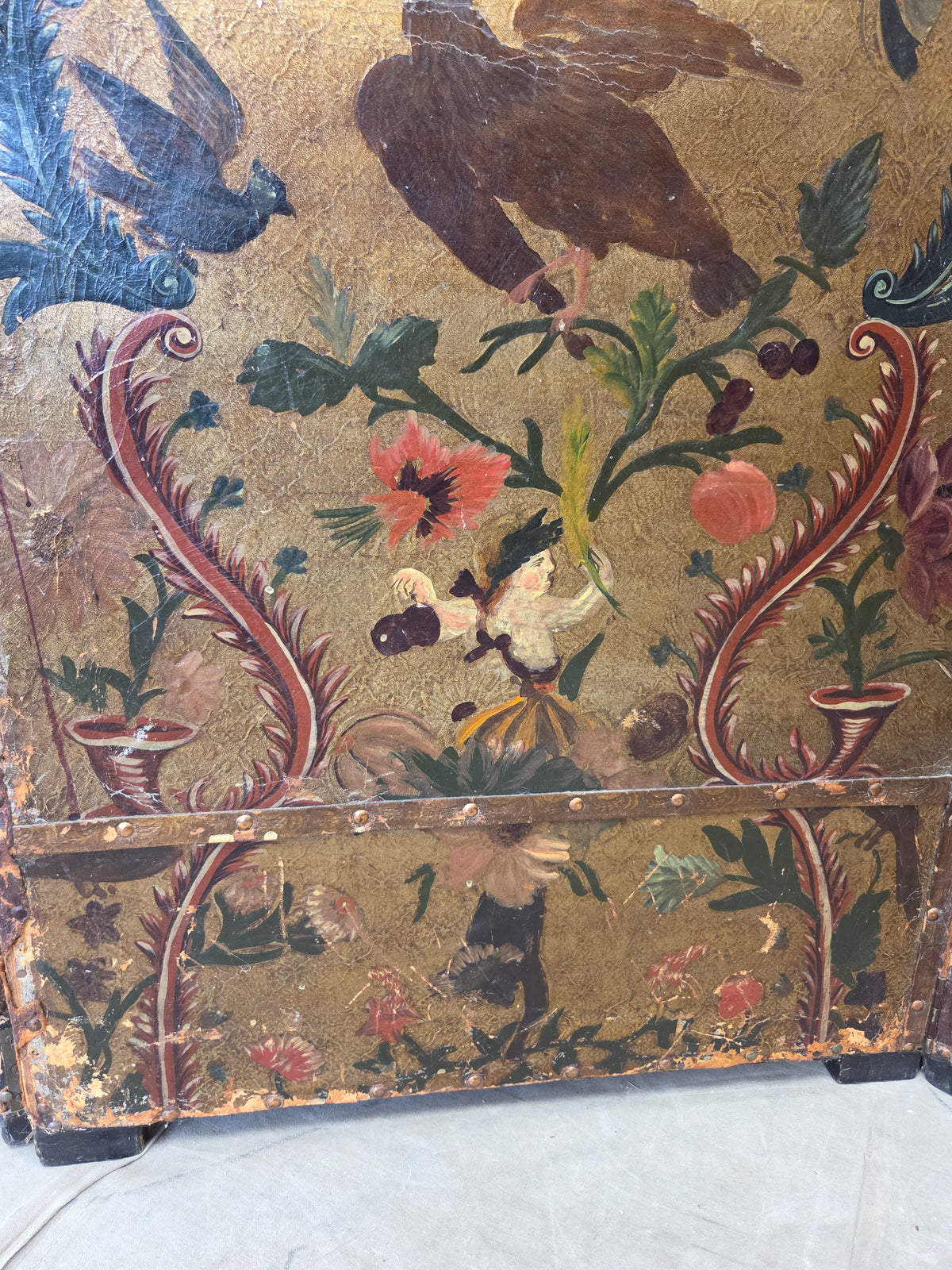 Antique 19th century Peruvian Colonial Painted Leather Folding Screen