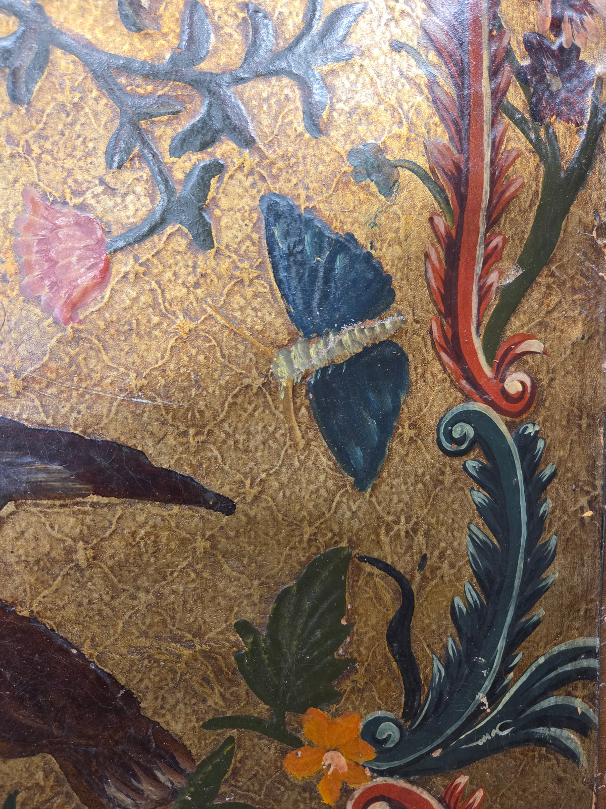 Antique 19th century Peruvian Colonial Painted Leather Folding Screen