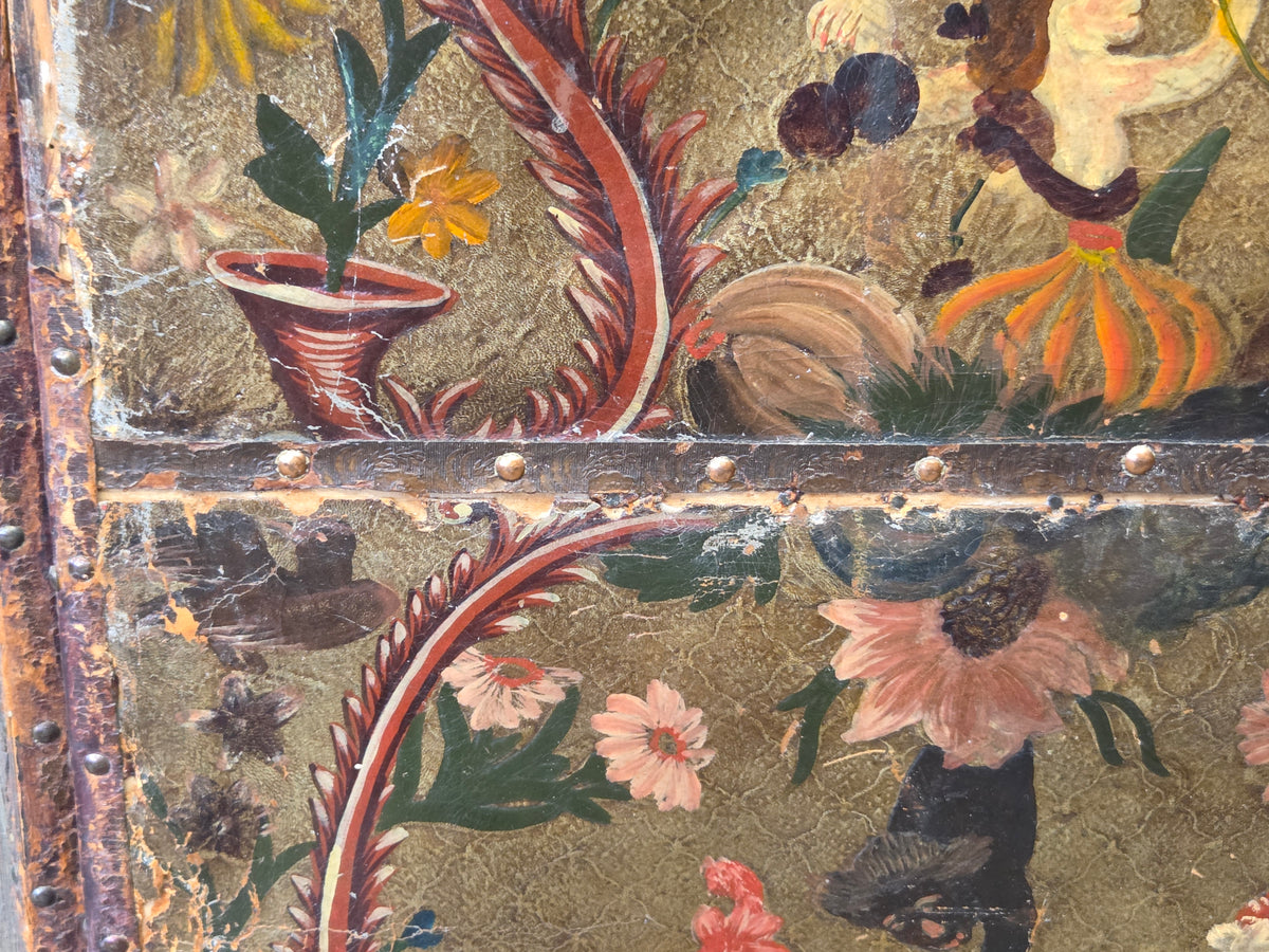 Antique 19th century Peruvian Colonial Painted Leather Folding Screen