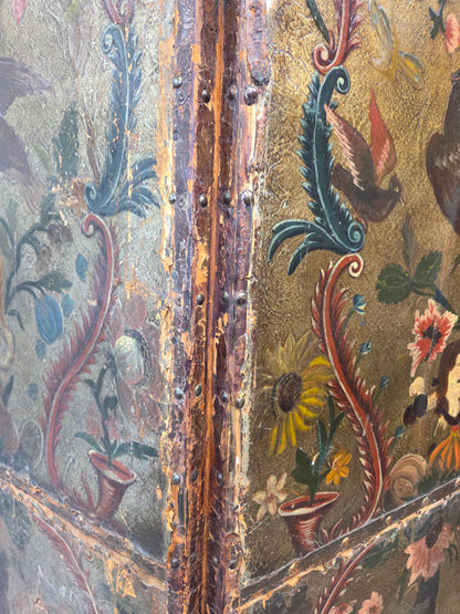 Antique 19th century Peruvian Colonial Painted Leather Folding Screen