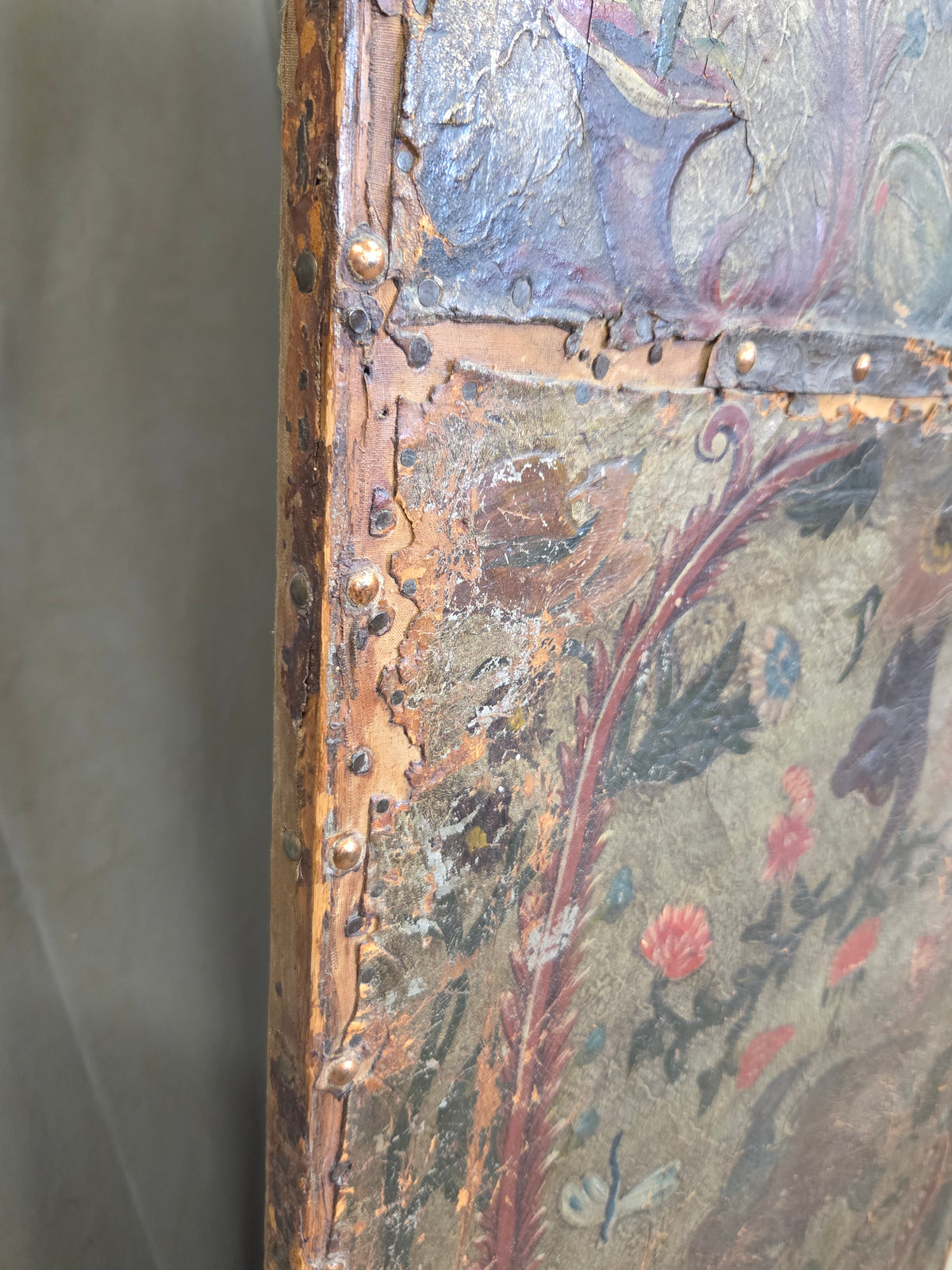 Antique 19th century Peruvian Colonial Painted Leather Folding Screen