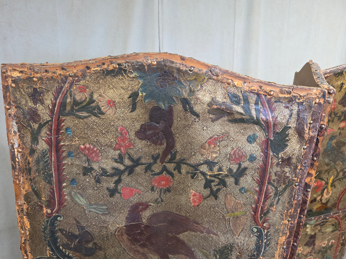 Antique 19th century Peruvian Colonial Painted Leather Folding Screen