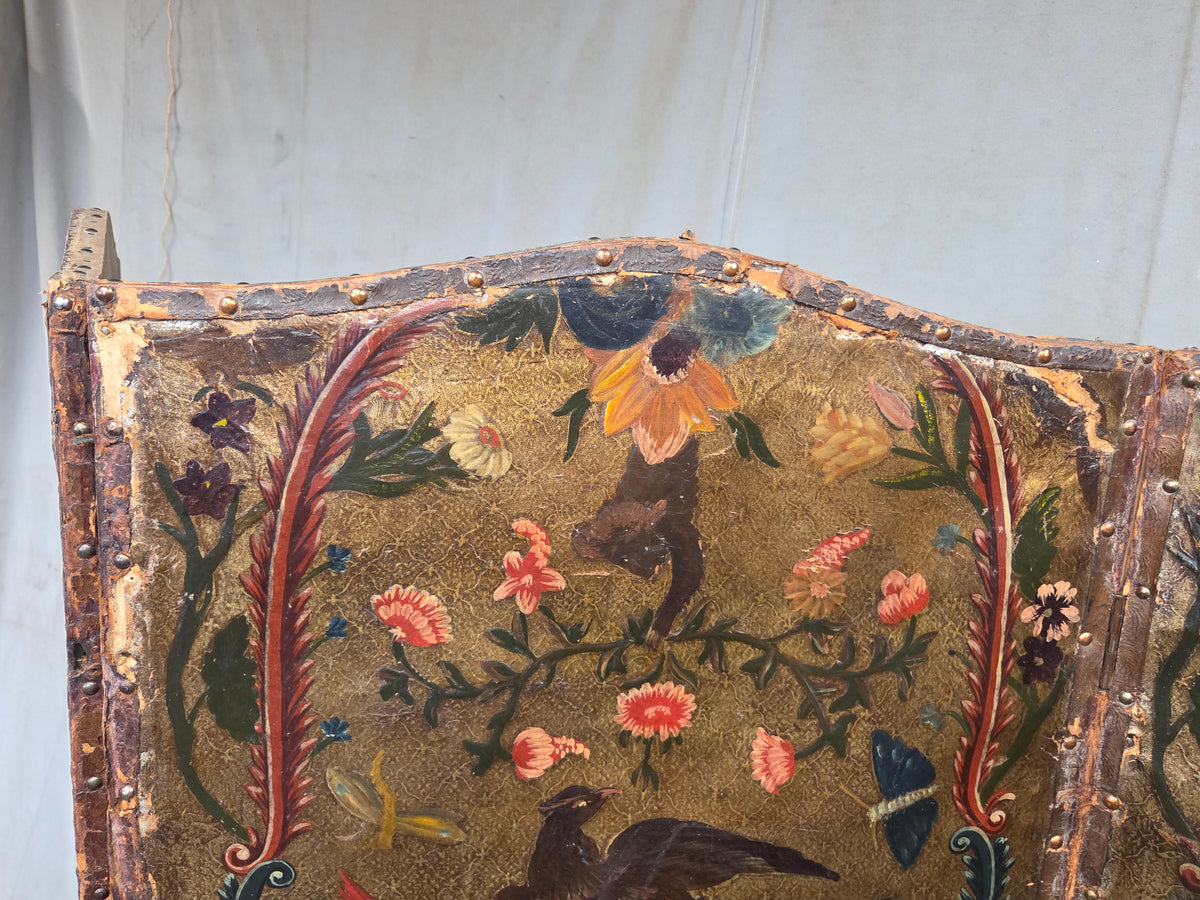 Antique 19th century Peruvian Colonial Painted Leather Folding Screen