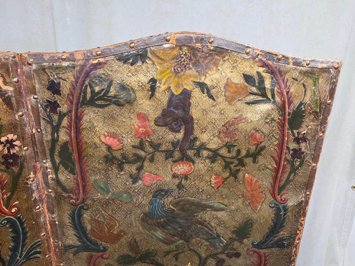Antique 19th century Peruvian Colonial Painted Leather Folding Screen