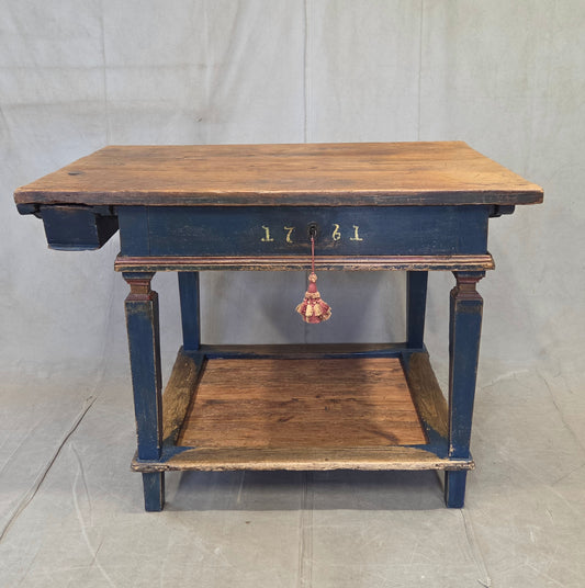 Antique European Baker's Table, Painted Pine & Oak, Cobalt Blue, 1761