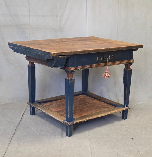 Antique European Baker's Table, Painted Pine & Oak, Cobalt Blue, 1761
