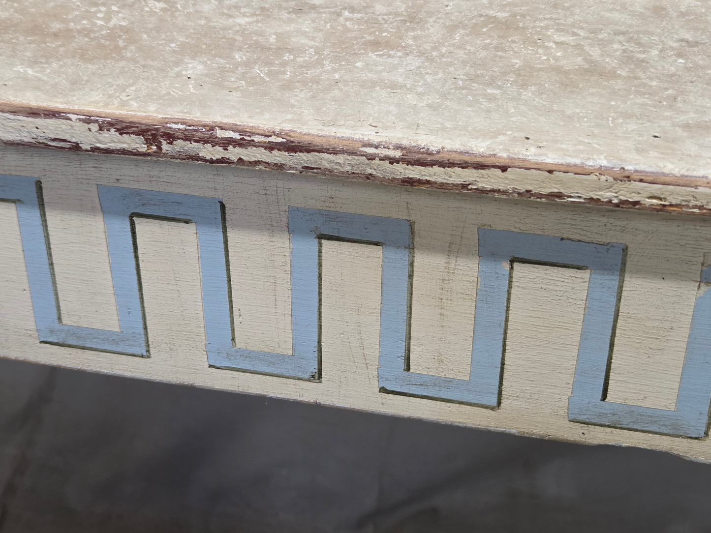 Antique French Rustic Painted Pine Console Table with Greek Key Motif