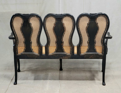 Antique 19th Century English Chinoiserie Lacquer and Cane Chair Back Settee