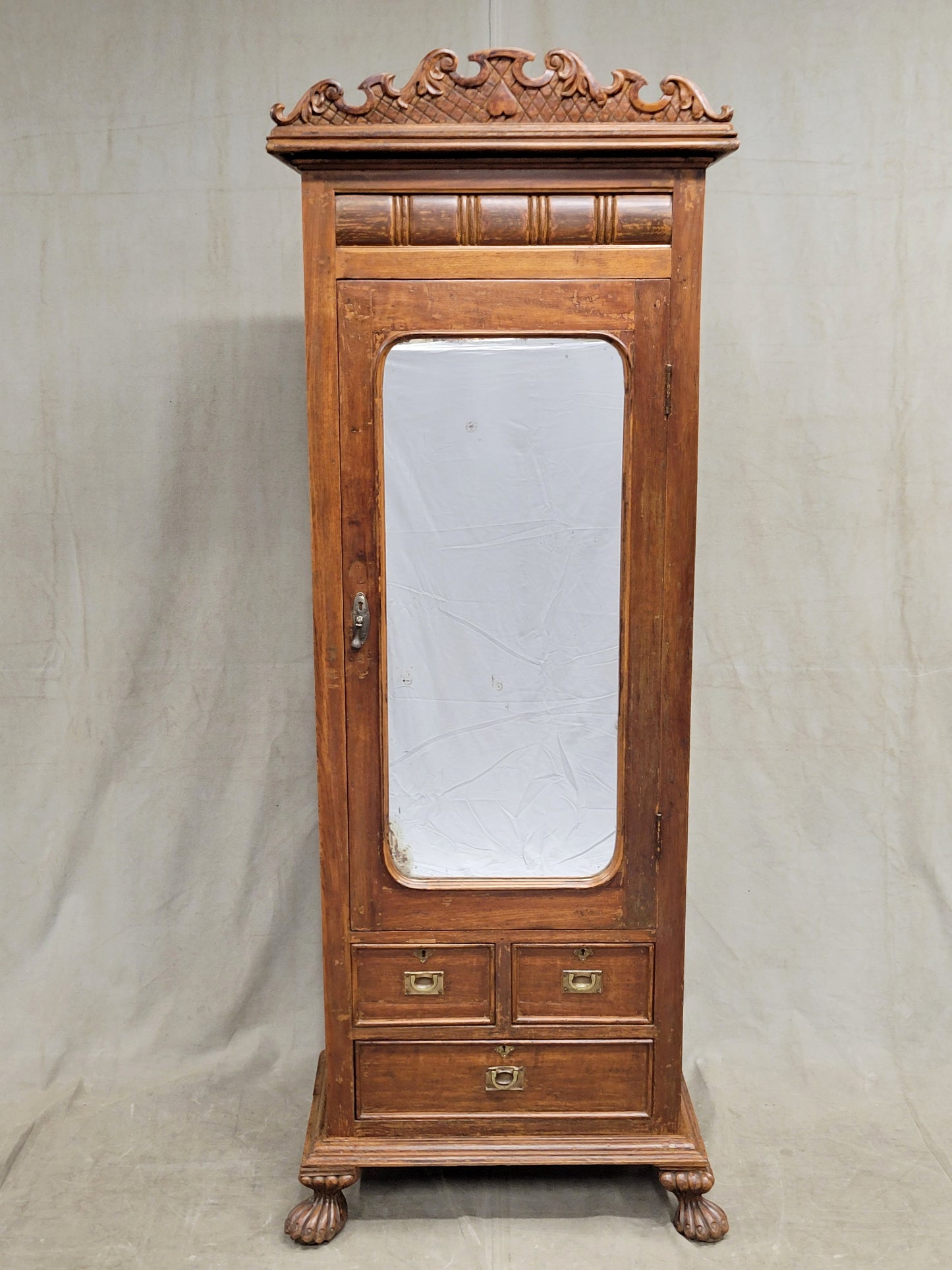 Antique Anglo Indian Teak Petite Armoire Cupboard With Mirror