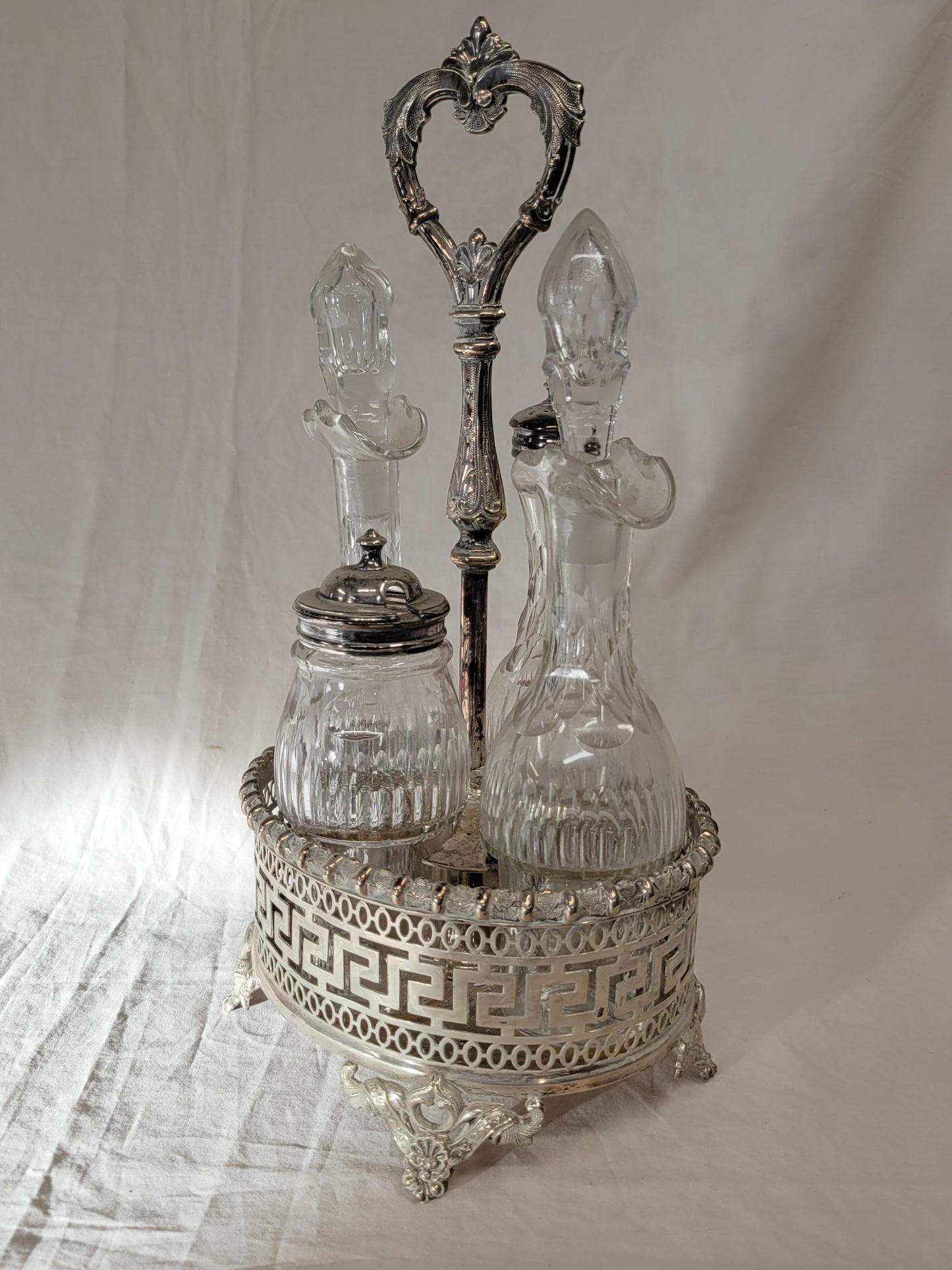Antique Silverplate and Crystal Four Bottle Cruet Set