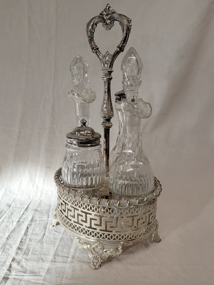 Antique Silverplate and Crystal Four Bottle Cruet Set