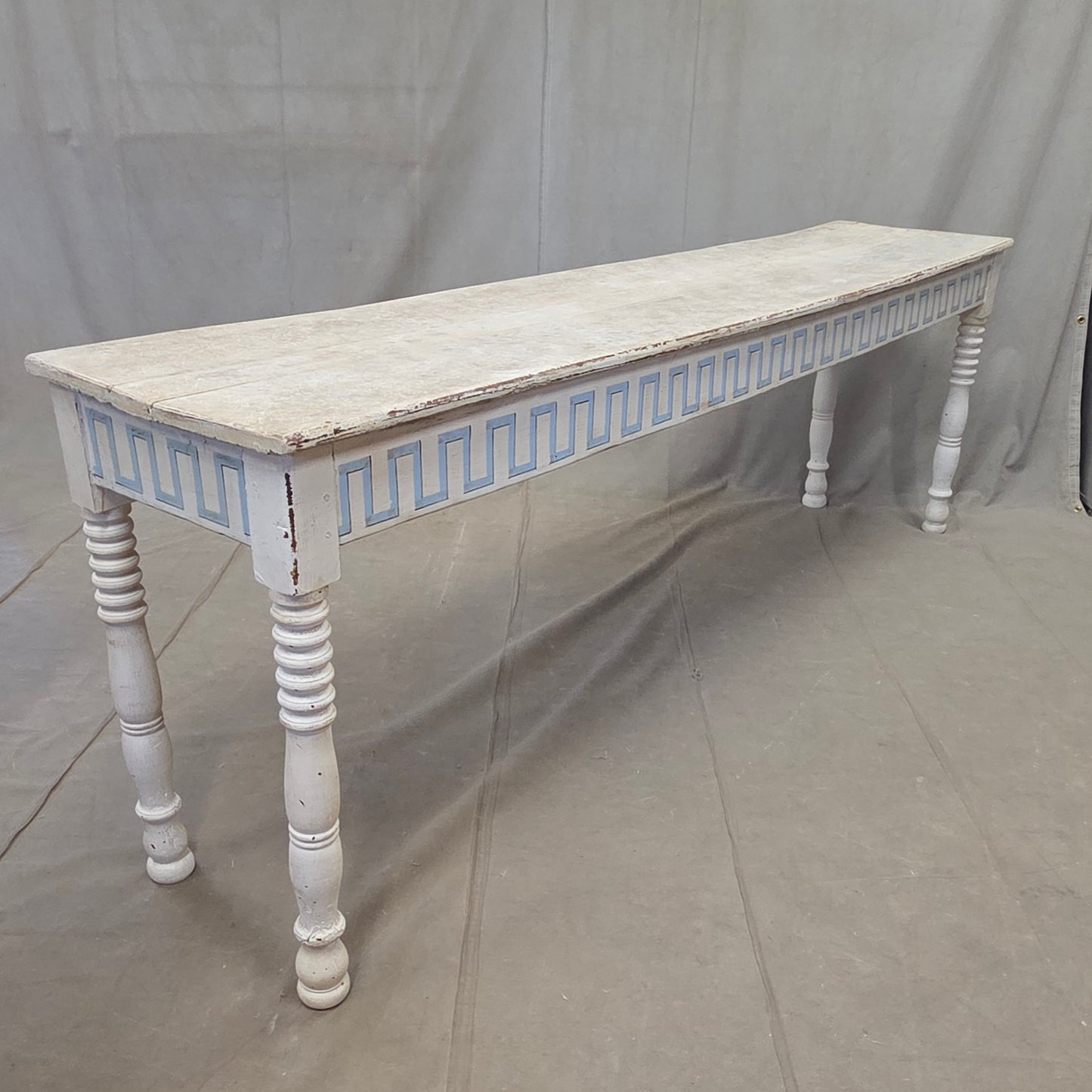 Antique French Rustic Painted Pine Console Table with Greek Key Motif