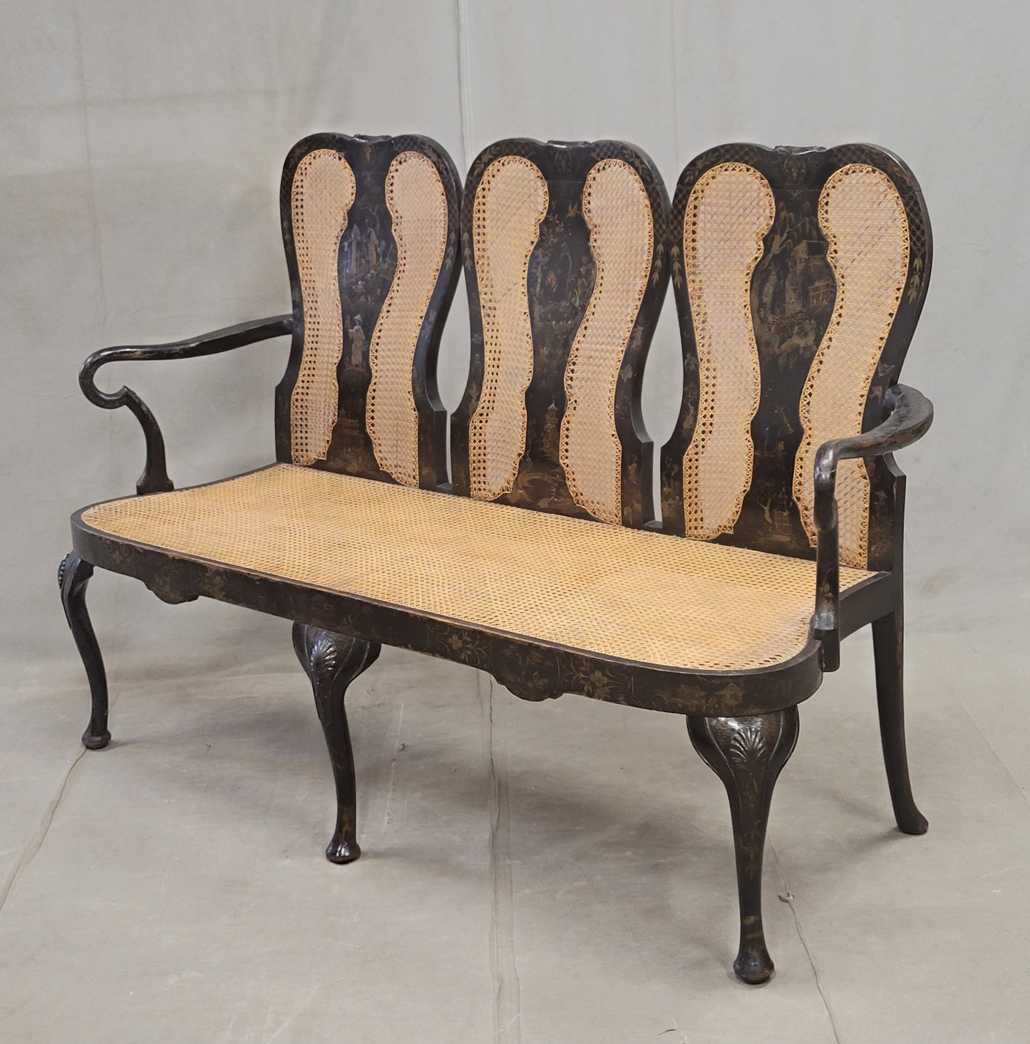 Antique 19th Century English Chinoiserie Lacquer and Cane Chair Back Settee