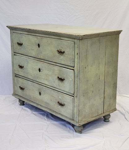 Antique European Rustic Pine Seafoam Painted Dresser Chest of Drawers