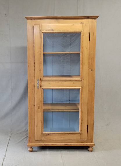 Antique German Pine Display Cabinet With Painted Blue Interior