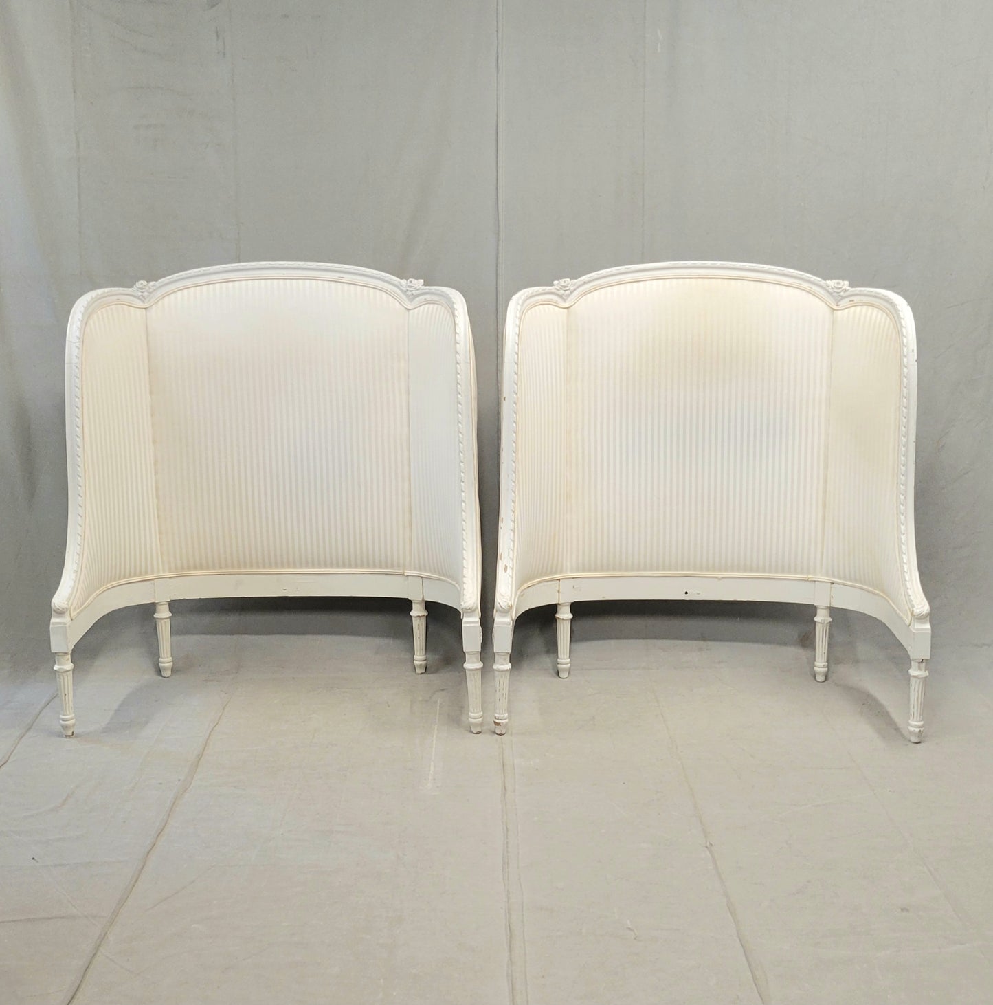 Pair of Antique French Curved Twin Headboards With Ivory Sateen Upholstery