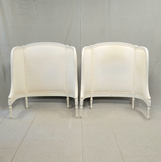 Pair of Antique French Curved Twin Headboards With Ivory Sateen Upholstery