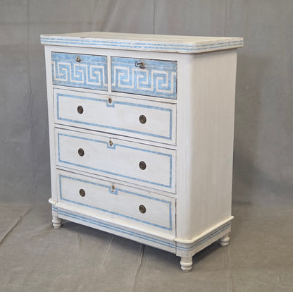 Antique English Pine Painted Dresser Chest of Drawers With Greek Key Motif