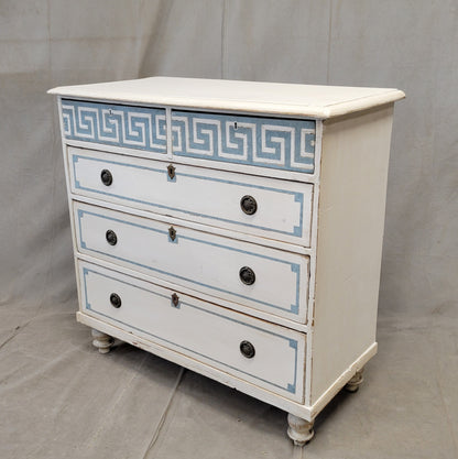 Antique English Pine Painted Dresser Chest of Drawers with Greek Key Motif