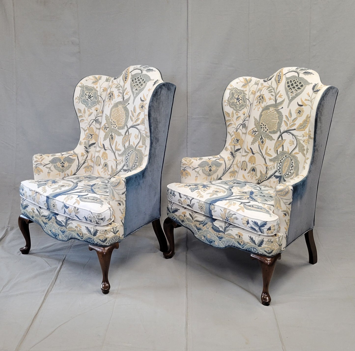 Vintage Woodmark Mary Webb Wood Blue "Tree of Life" Wingback Chairs - a Pair