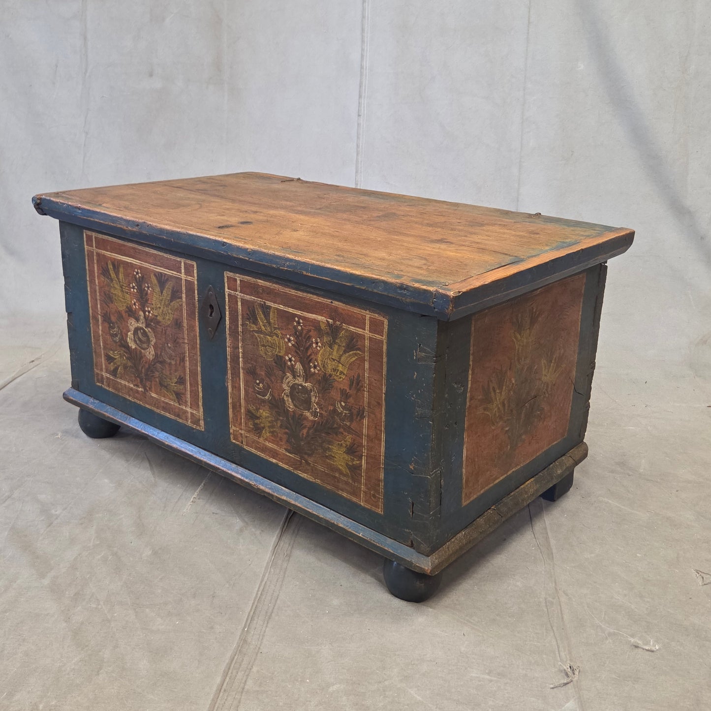 Antique 19th Century German or Austrian Original Blue Painted Pine Blanket Chest