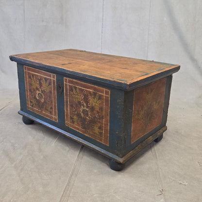 Antique 19th Century German or Austrian Original Blue Painted Pine Blanket Chest