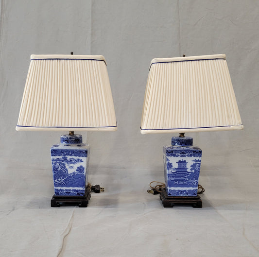 Vintage Blue Willow Lamps With Silk Lampshades - a Pair