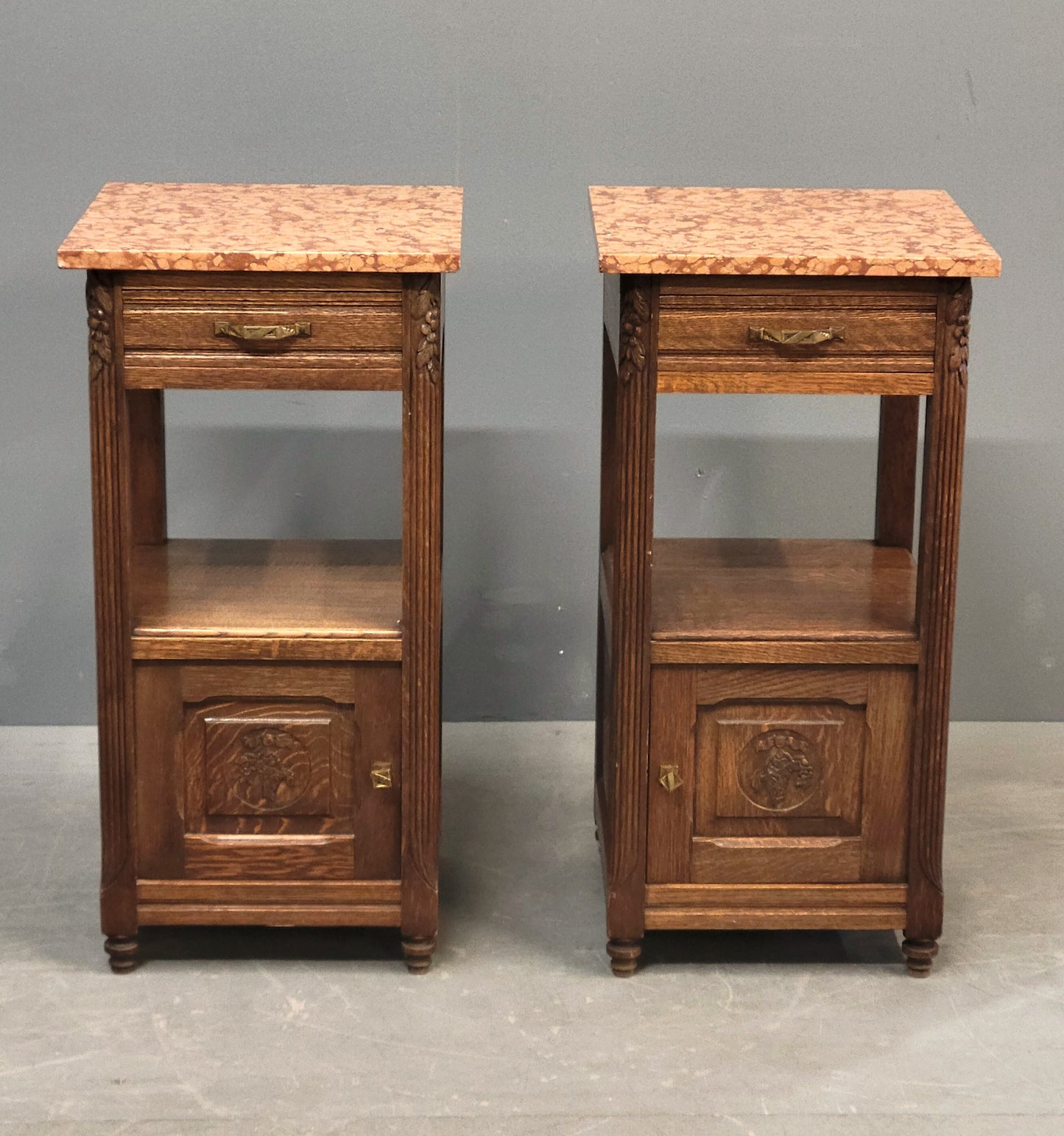 Antique European Oak and Italian Marble Pot Cupboards Nightstands - a Pair