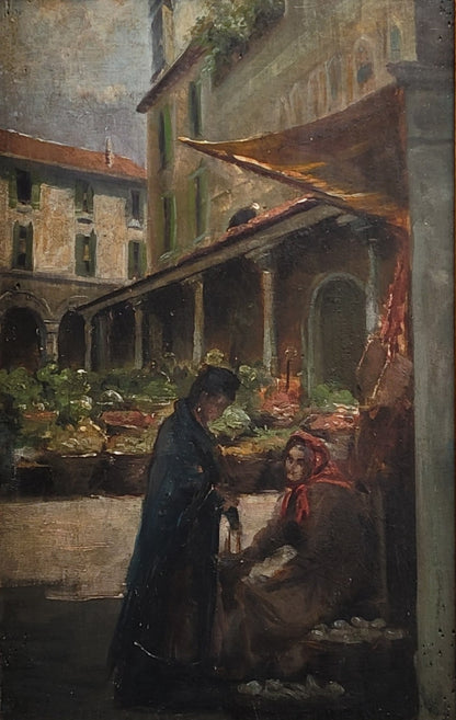Antique Early 1900s Oil on Panel of a Venetian Market Scene by M.S. Loresen (?)