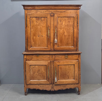 Antique French Elm Deux Corps Buffet Cabinet With Inlay and Fitted Interior