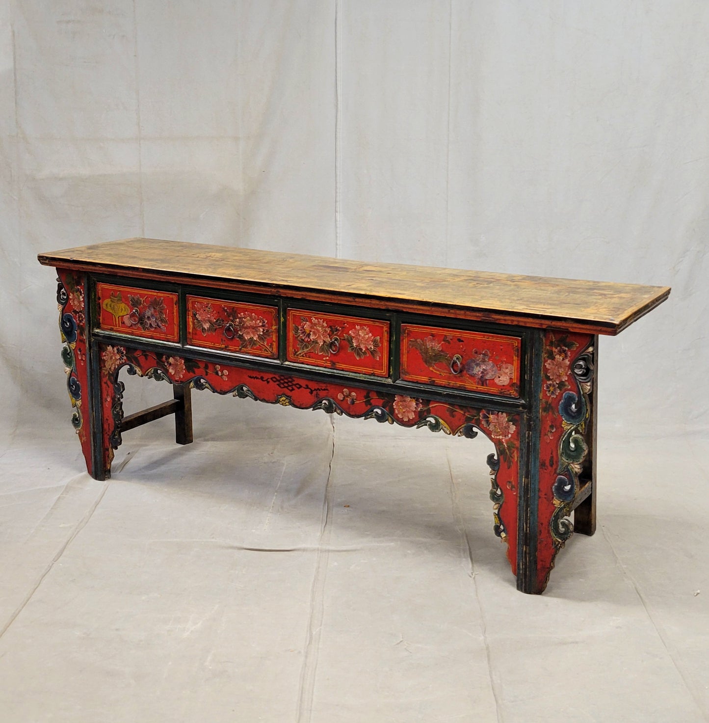 Antique Early 19th Century Chinese Red Lacquer Altar / Console Table