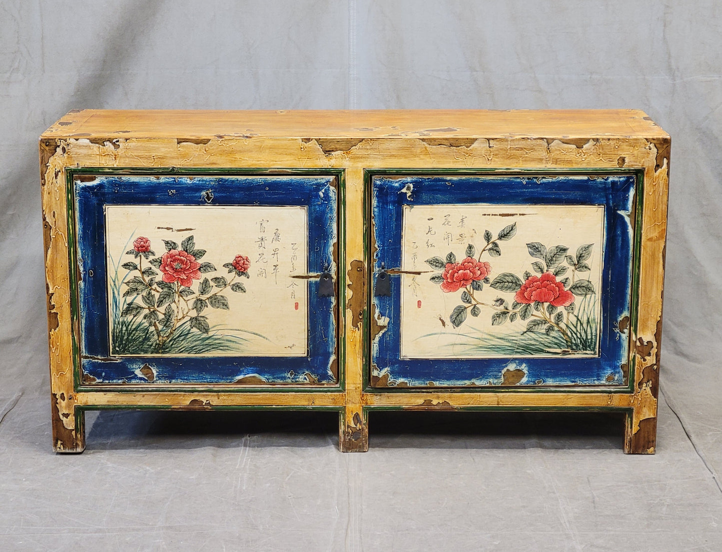 Vintage Chinese Distressed Lacquer Storage Cabinet Console With Floral Motif