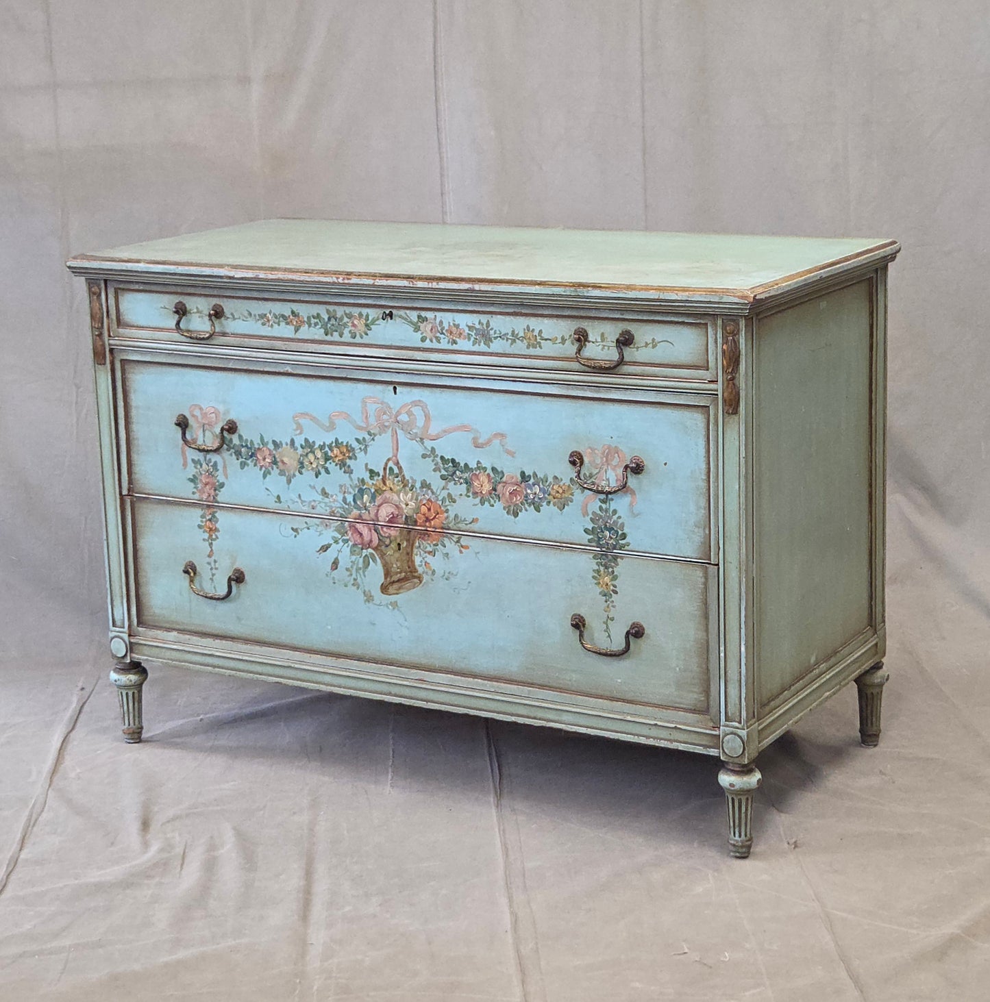 Antique French Floral Painted Mahogany Dresser with Matching Mirror