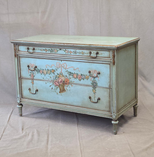 Antique French Floral Painted Mahogany Dresser with Matching Mirror