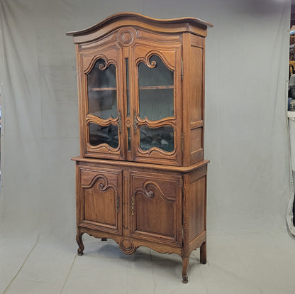 Antique French Provincial 18th c. Pine Deux Corps Pine Buffet with Glass Doors