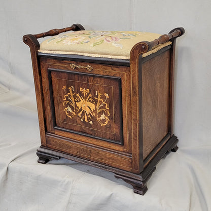 Antique English Edwardian Mahogany Inlay and Needelpoint Piano Stool