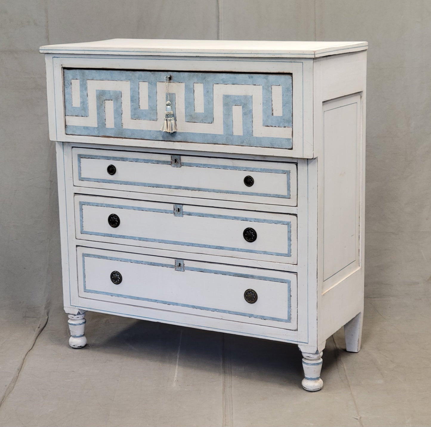 Antique English Painted Dresser Chest of Drawers With Greek Key Motif