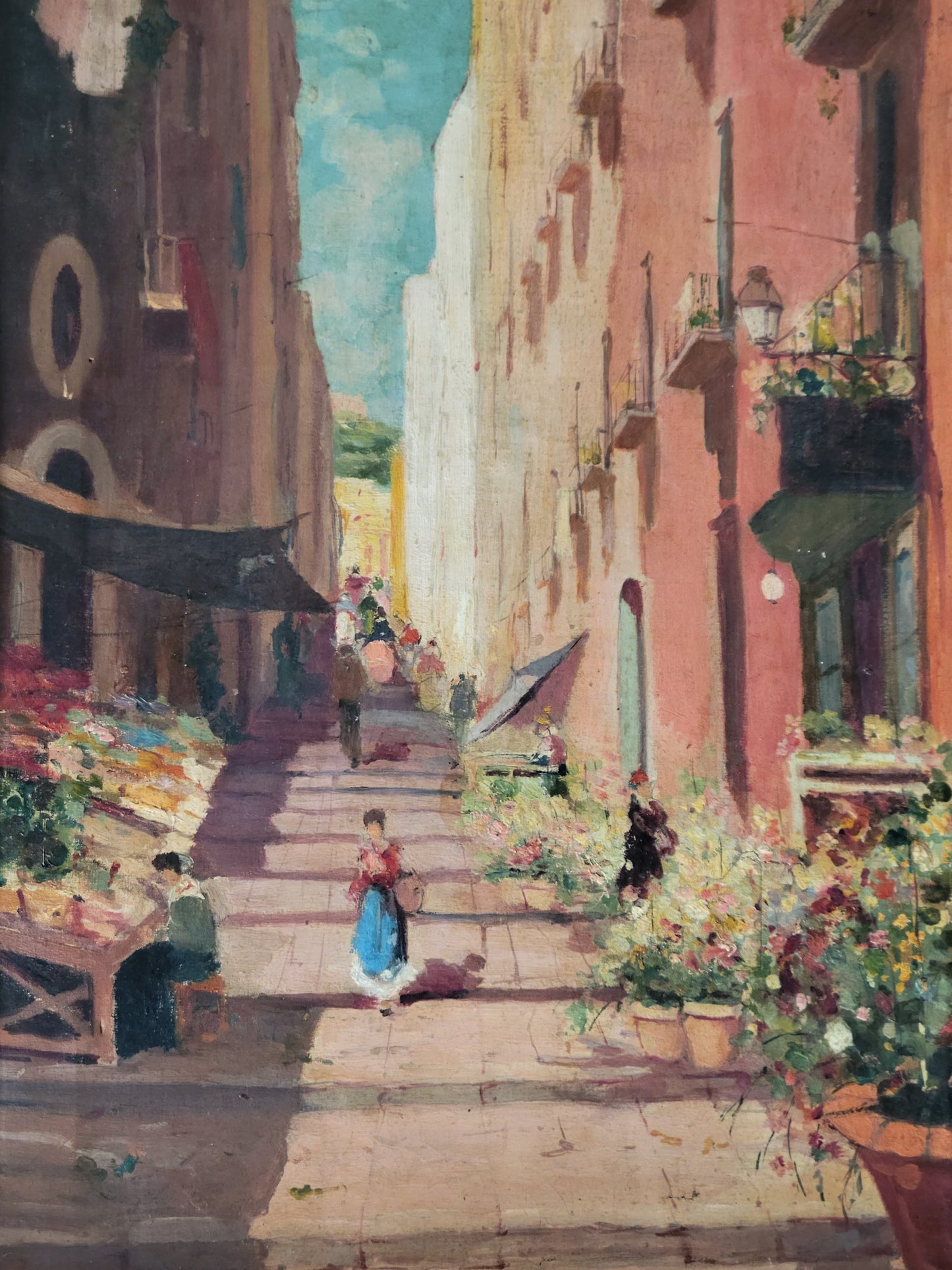 Vintage Italian Street Market Scene - Oil on Canvas Framed Painting