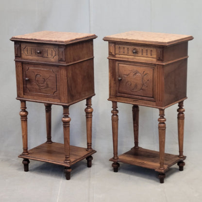 Antique French or Belgian Walnut Nightstands With Italian Marble - A Near Pair