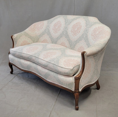 Vintage Damask French Style Camelback Loveseat With Down Cushion and Blush / Sage Upholstery