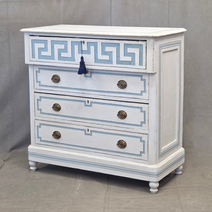 Antique 19th C. Painted Pine Dresser Chest of Drawers With Greek Key Motif