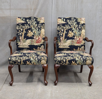 Pair of Vintage Queen Anne Chairs and Ottoman with Black Toile Upholstery