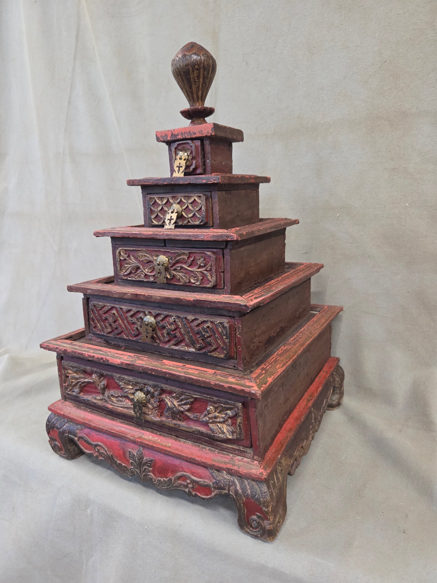 Vintage Sumatra, Indonesia Lacquer Pyramid Shaped Jewelry Box with Five Drawers
