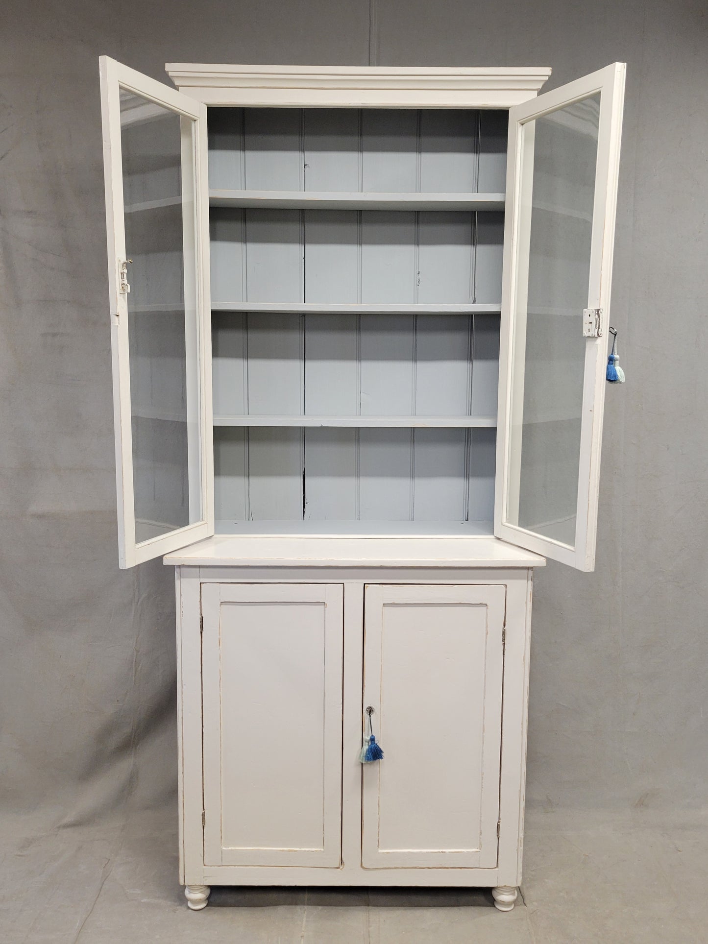 Antique English Country Painted Two Piece China or Curio Cabinet