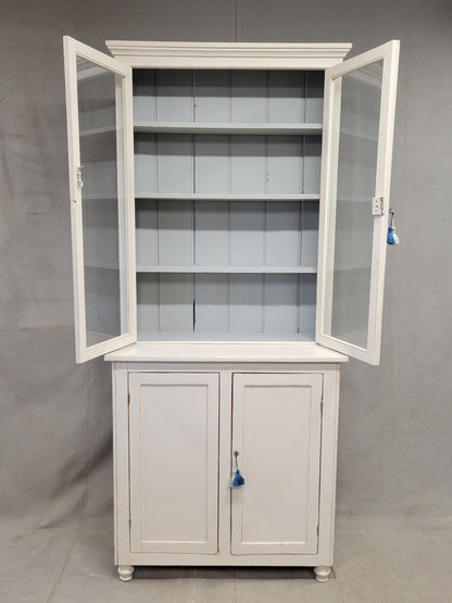 Antique English Country Painted Two Piece China or Curio Cabinet