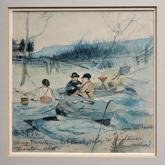 Antique 1880 Watercolor and Pencil Illustration of Trenton, Alabama, Campsite With Thornton Family
