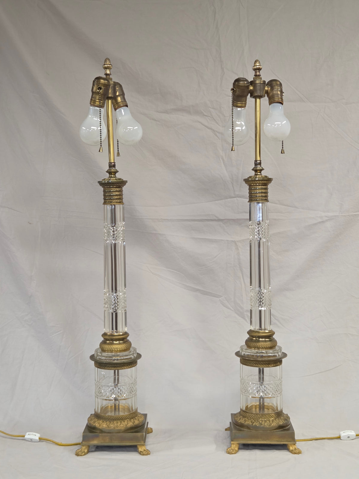 Vintage Crystal and Brass Column Table Lamps - Style of William Kessler Baccarat