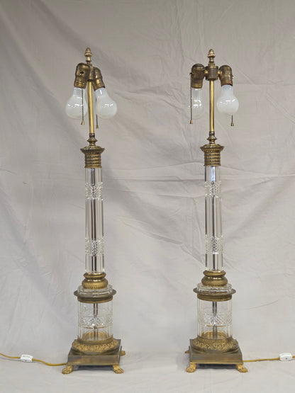 Vintage Crystal and Brass Column Table Lamps - Style of William Kessler Baccarat
