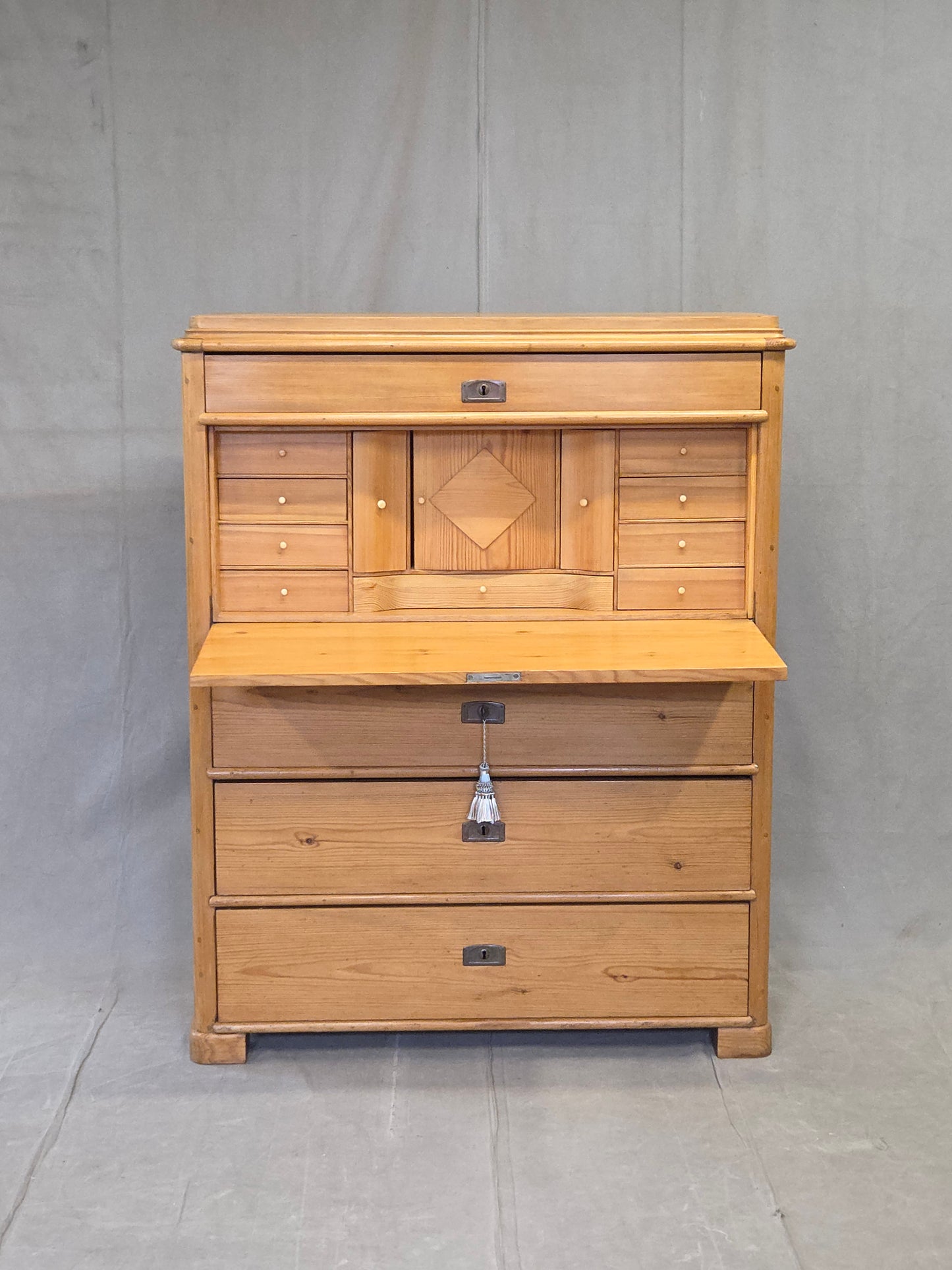 Antique Swedish Biedermeier Natural Pine Drop Front Desk with Drawers and Keys